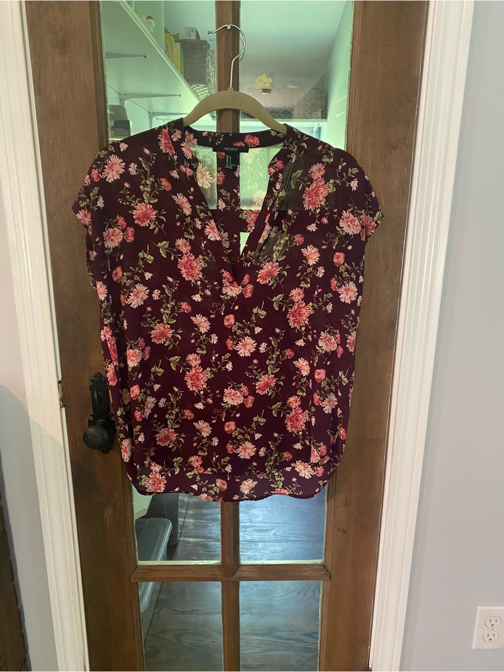 Forever 21 Burgundy Floral V-Neck Blouse